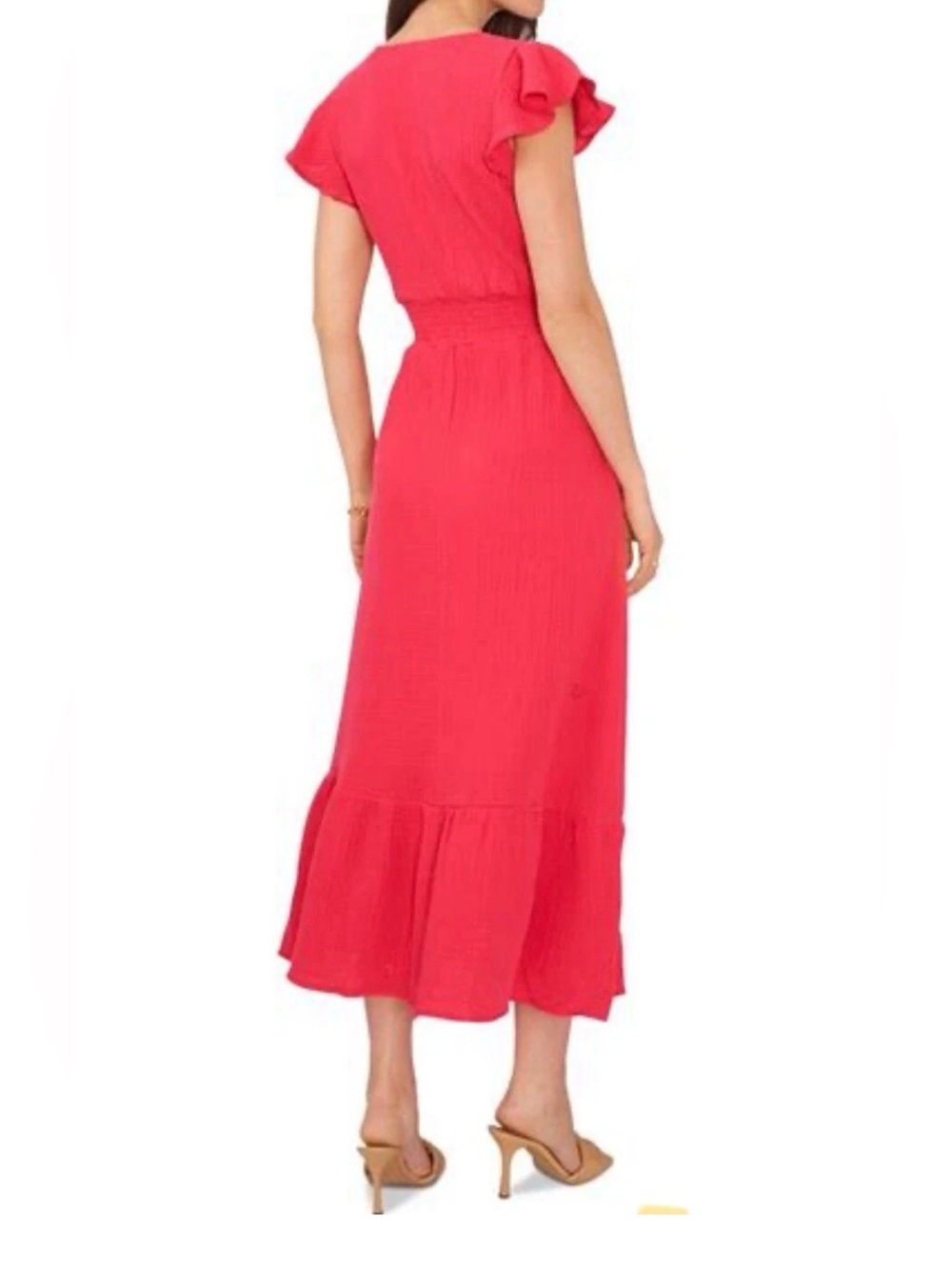 Vince Camuto Women's Gauzy Smocked-Waist Ruffled Dress, Geranium, XS - Picture 2 of 5